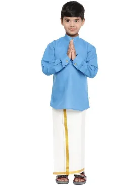 Boys Waterfall Linen Kurta Dhoti Set Blue