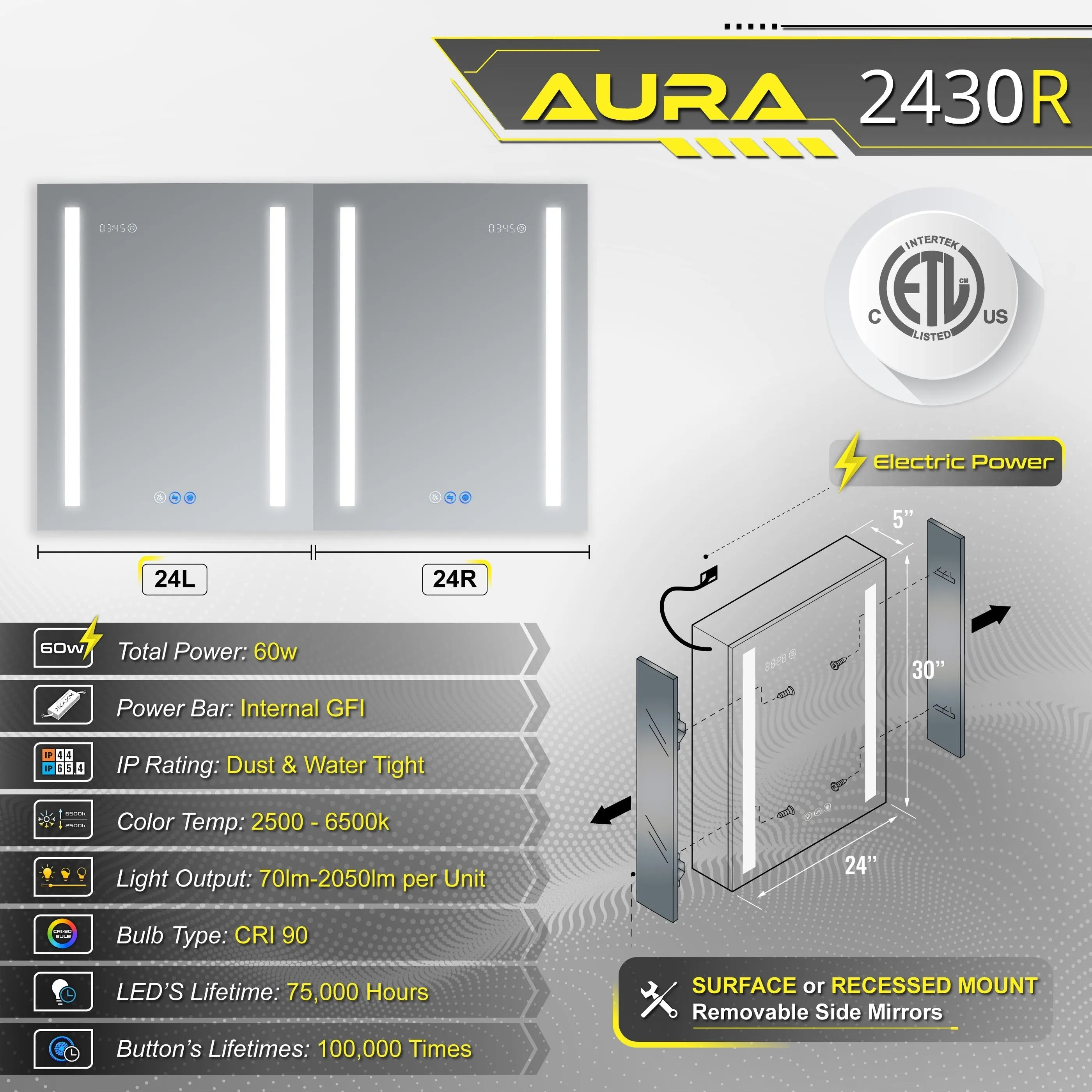 DECADOM LED Mirror Medicine Cabinet Recessed or Surface, Defogger, Dimmer, Clock, Room Temp Display, Makeup Mirror 3X, Outlets & USBs AURA 24x30R