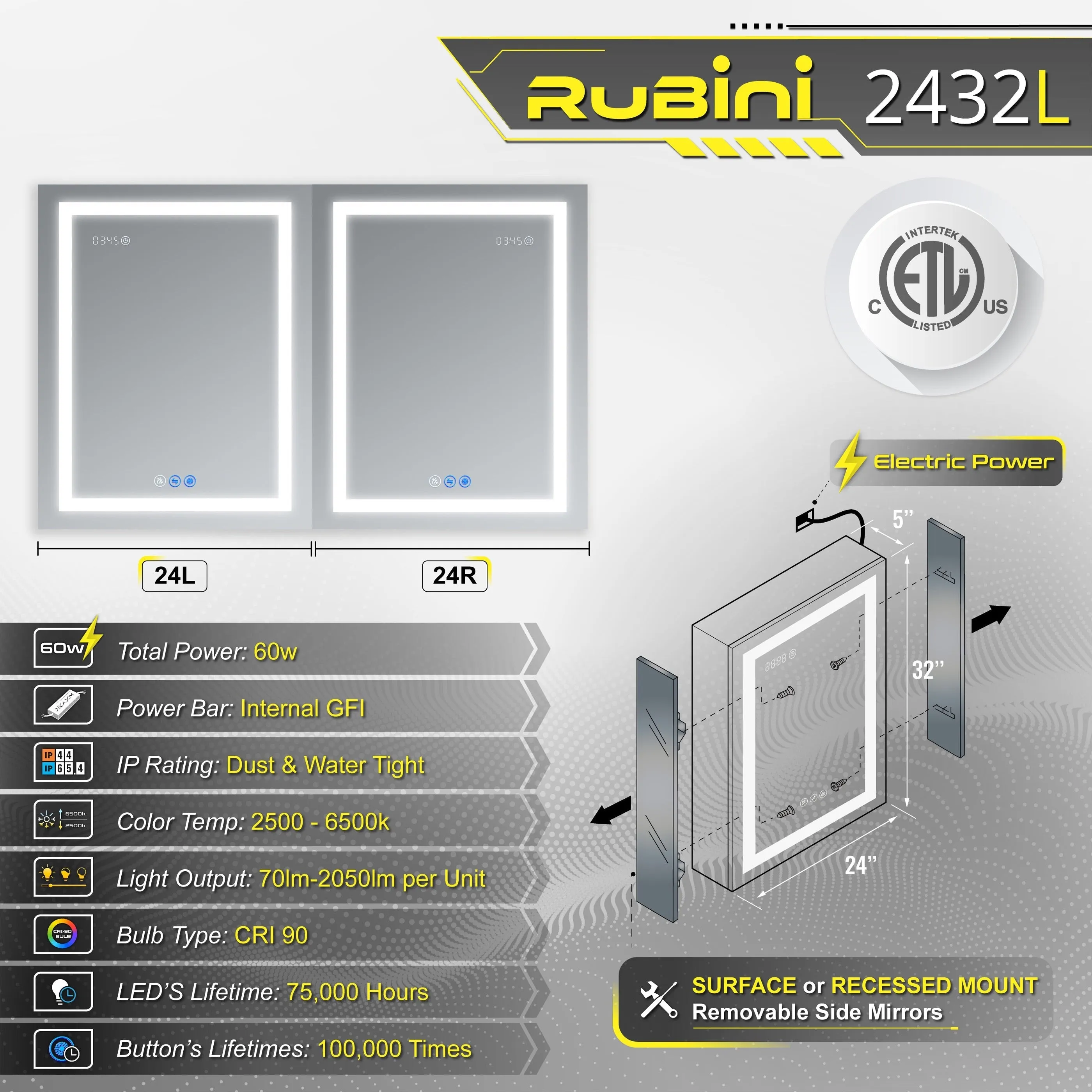 DECADOM LED Mirror Medicine Cabinet Recessed or Surface, Defogger, Dimmer, Clock, Room Temp Display, Makeup Mirror 3X, Outlets & USBs RUBiNi 24x32L