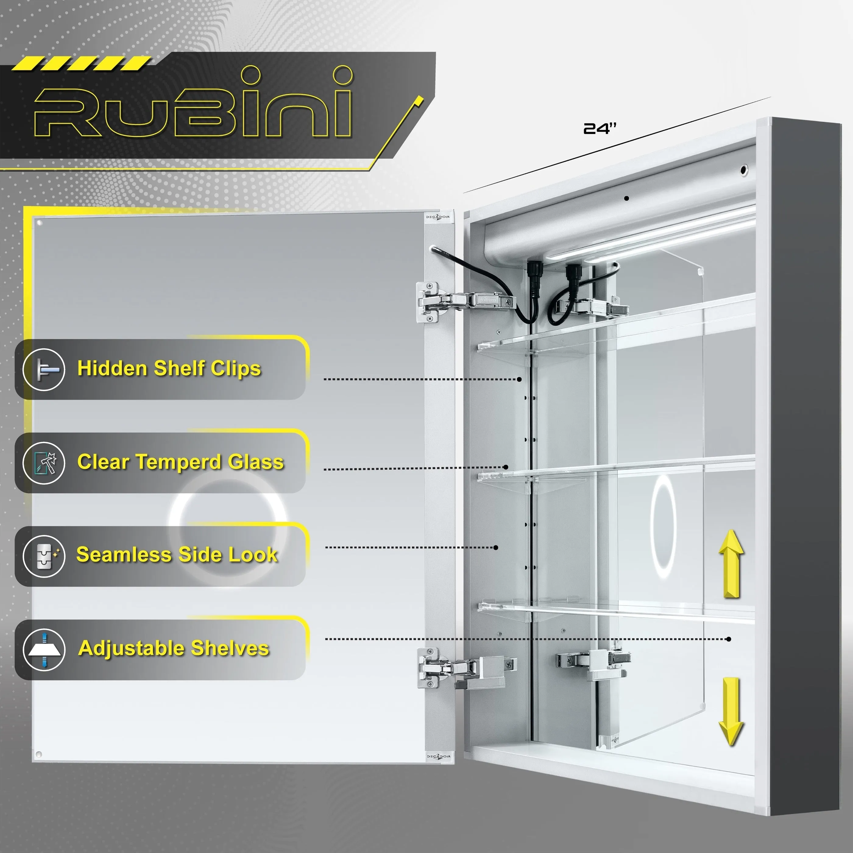 DECADOM LED Mirror Medicine Cabinet Recessed or Surface, Defogger, Dimmer, Clock, Room Temp Display, Makeup Mirror 3X, Outlets & USBs RUBiNi 24x32L