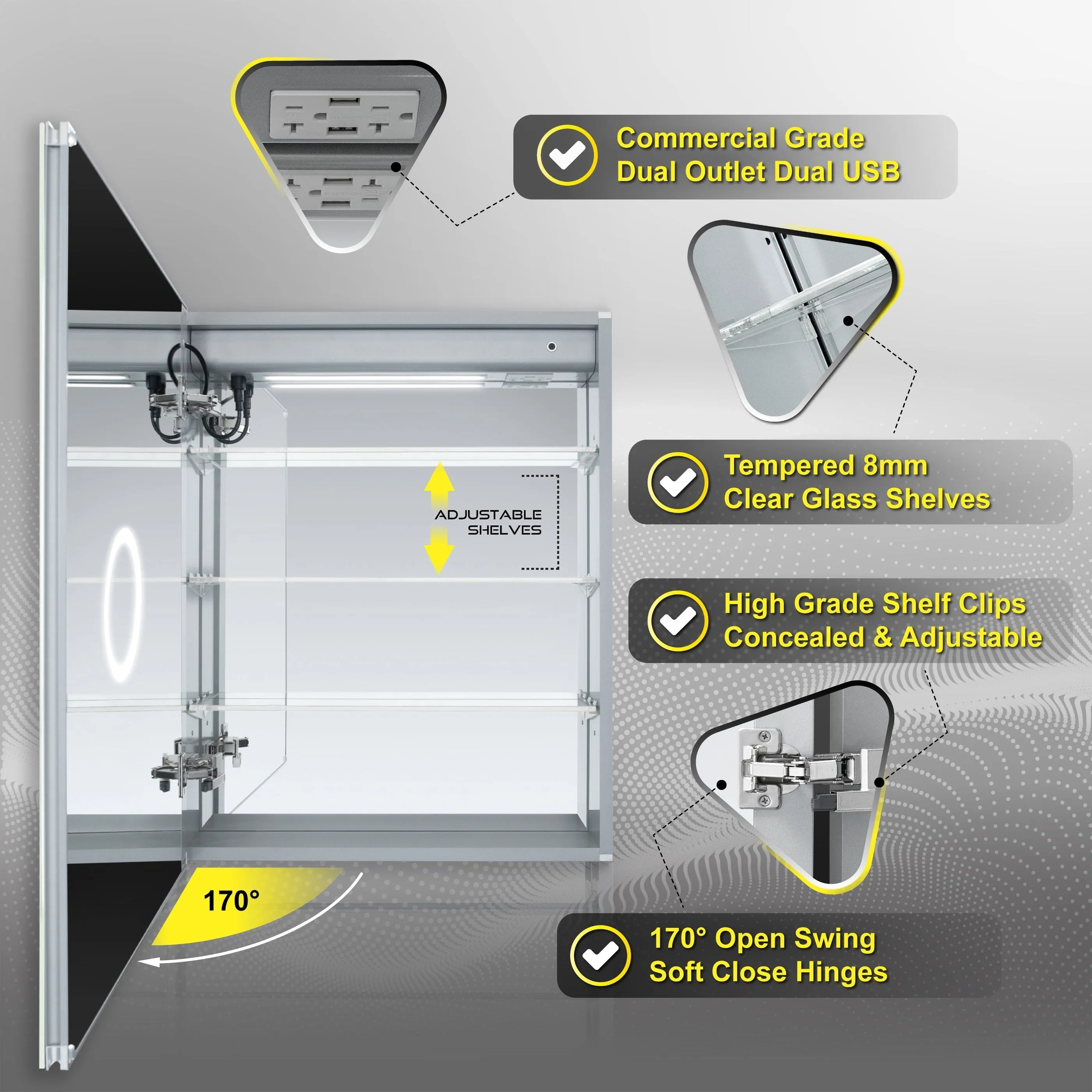 DECADOM LED Mirror Medicine Cabinet Recessed or Surface, Defogger, Dimmer, Clock, Room Temp Display, Makeup Mirror 3X, Outlets & USBs RUBiNi 24x32L