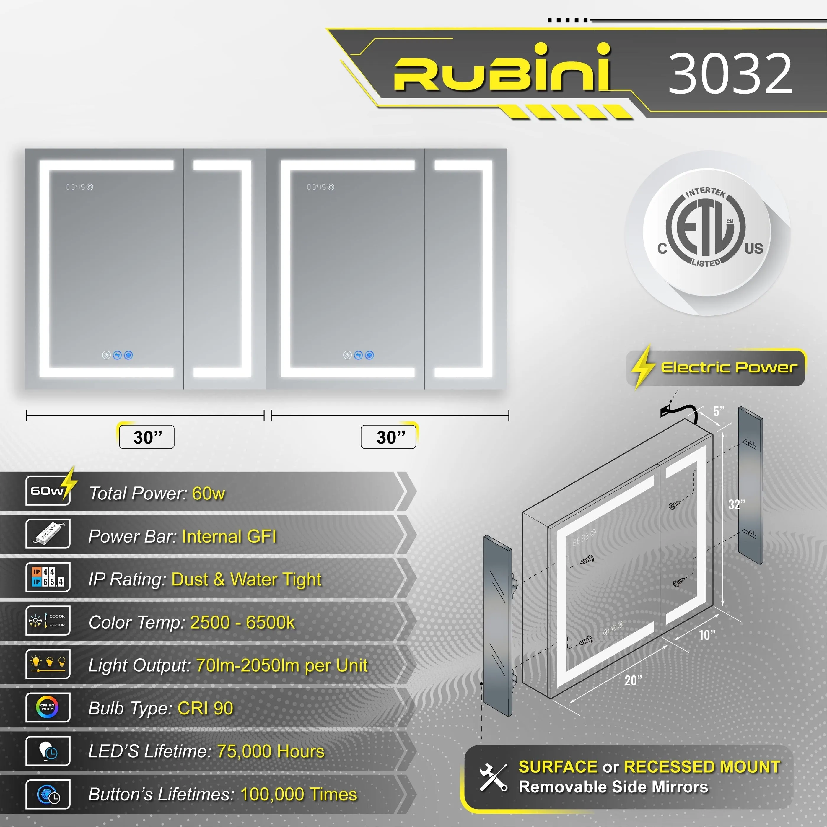 DECADOM LED Mirror Medicine Cabinet Recessed or Surface, Defogger, Dimmer, Clock, Room Temp Display, Makeup Mirror 3X, Outlets & USBs RUBiNi 30x32