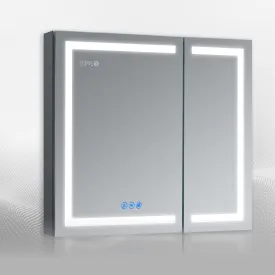 DECADOM LED Mirror Medicine Cabinet Recessed or Surface, Defogger, Dimmer, Clock, Room Temp Display, Makeup Mirror 3X, Outlets & USBs RUBiNi 36x32