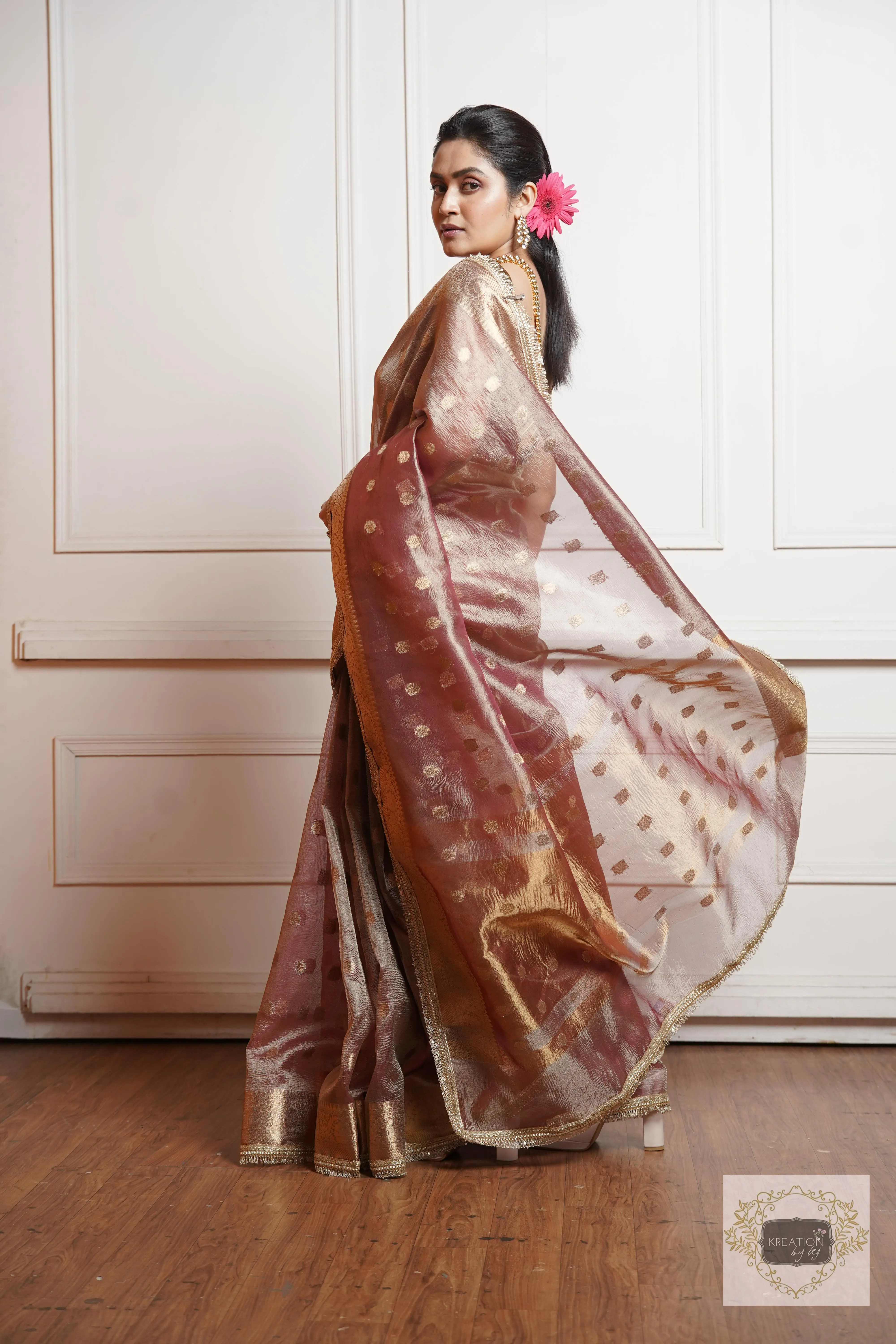 Dusty Mauve Tissue Banarasi Saree with Golden Border